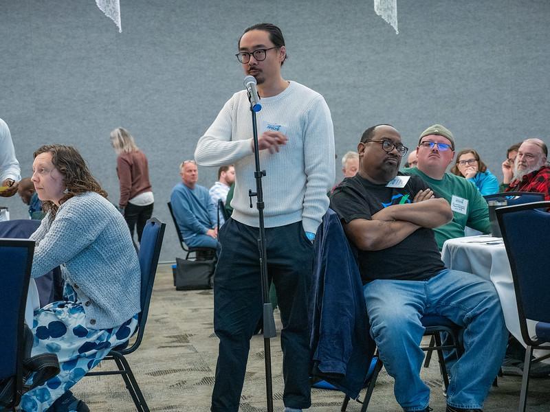 A WFSE member speaks in front of the rest of the Endorsements Conference